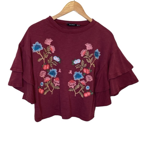 Blu Pepper Ruffle Sleeve Floral Embroidered Maroon Sweater Style BA7708 M - Picture 1 of 9